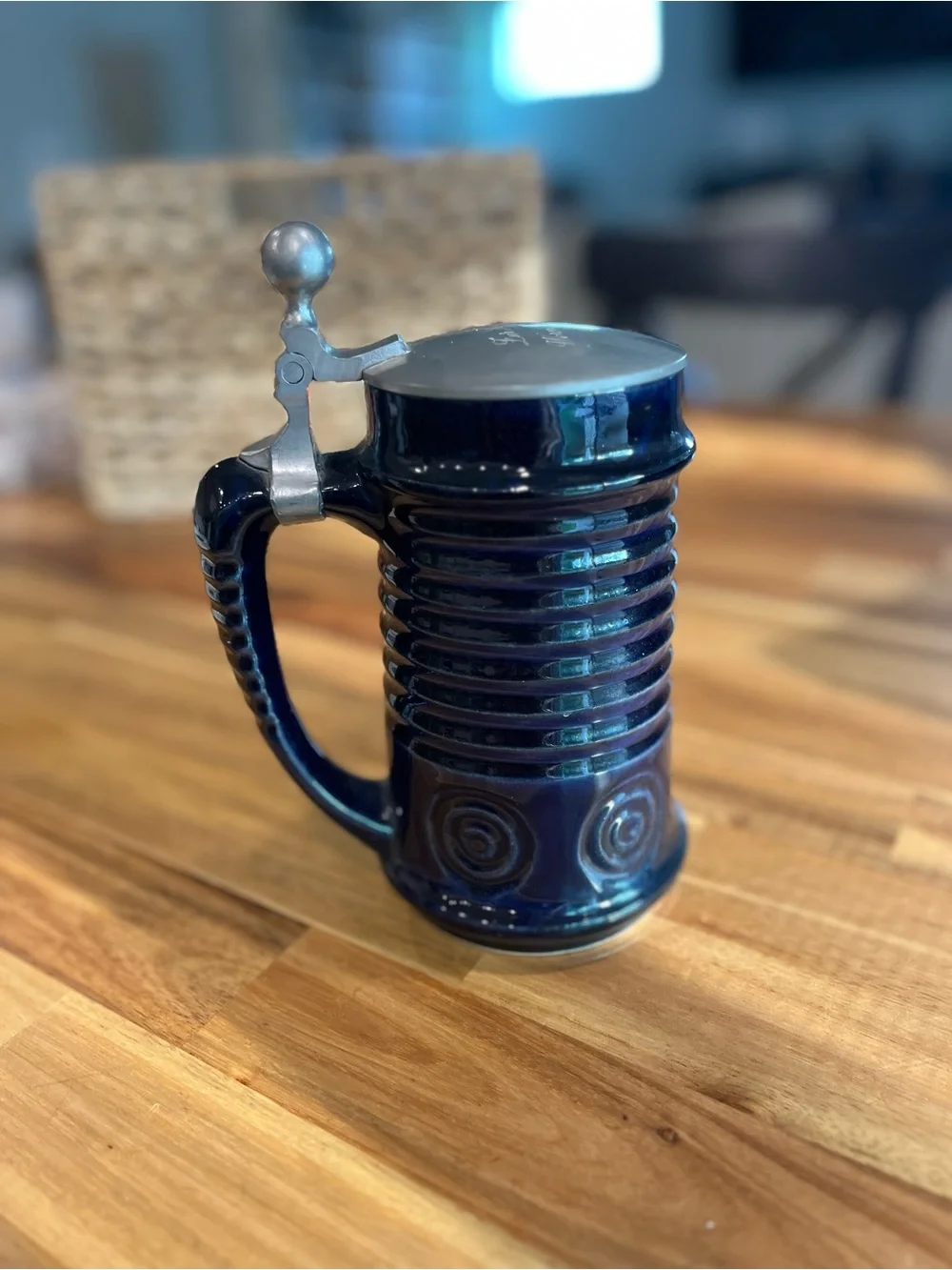 Blue Ceramic Beer Stein with Pewter Lid